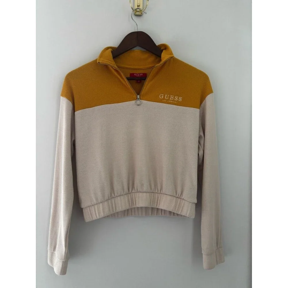 Guess Waffle Knit Quarter Zip Pullover Women XS Y2K Athleisure Streetwear